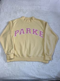 Parke Pale Yellow Crewneck Sweatshirt with Pink Lettering. Size Large/X Large
