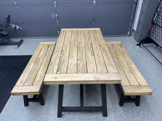 Large Rustic Real Wood Table and 2 Matching Benches, Metal Legs, (71” x 35.5” x 29”), In Great Condition.