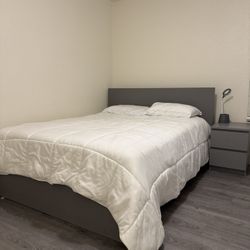 Queen Bed Frame (Gray) + Mattress + Nightstand 
