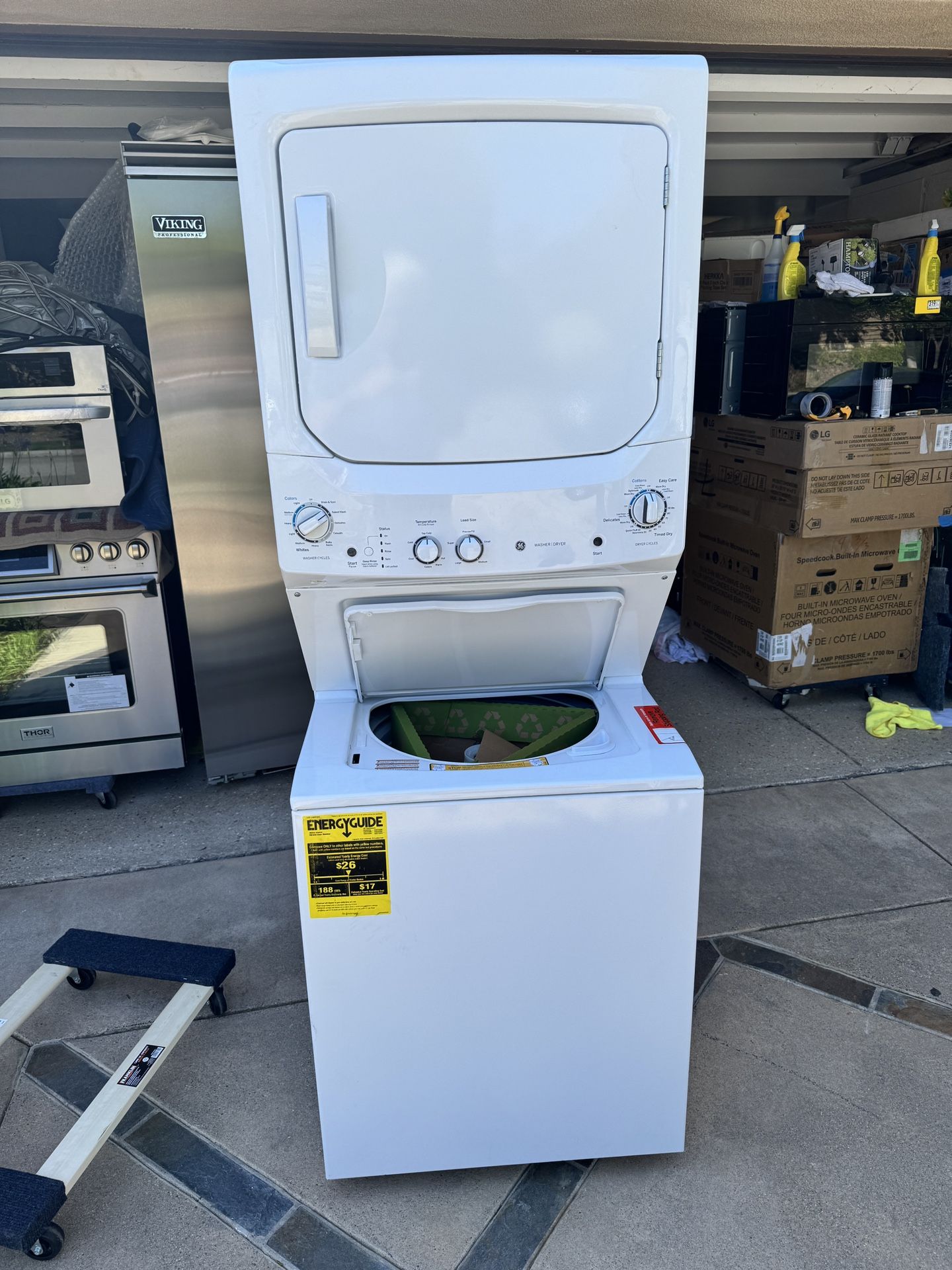 NEW GE 27” STACKED WASHER DRYER ❤️ELECTRIC ❤️WITH A 3 YEAR EXTENDED WARRANTY FULLY TRANSFERABLE ❤️ 5/31/25.