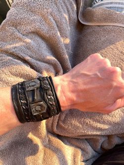 UNIQUE MEN LEATHER Black/Metal BRACELET MADE BY ARTIST - SIGNED