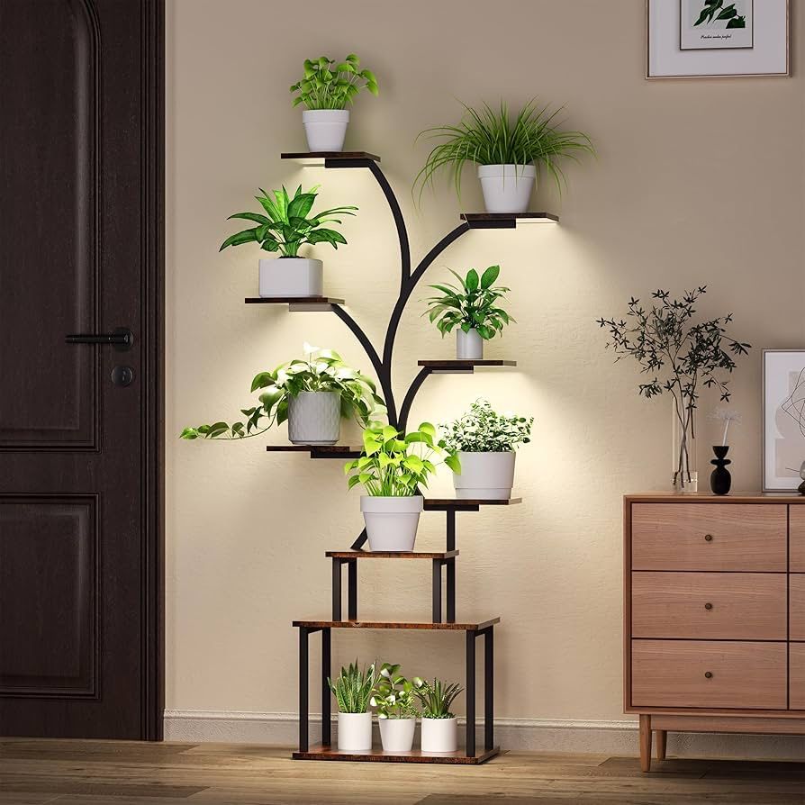 Plant Stand Indoor with Grow Lights - 9Tiered Metal Corner Plant Shelf,63" Tall Lighted Corner Plant Stands for Indoor Growing,Curved Plant Holder for
