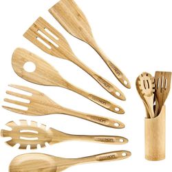 Kitchen Utensils Set of 7PCS, 13Inches Bamboo Wooden Cooking Spoon & Spatula Tools Perfect for Non-Stick Cookware 