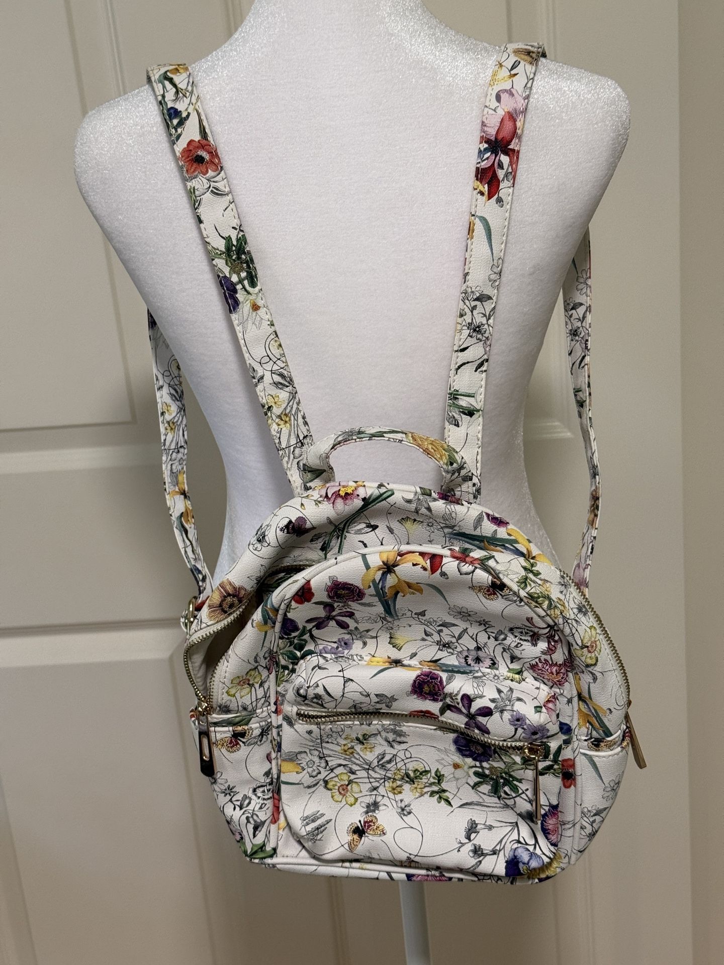 Butterfly Floral Backpack Purse Cream Vegan Faux Leather Small/Medium