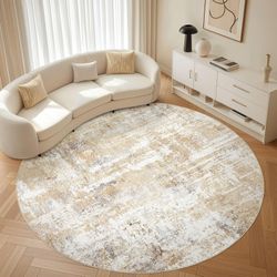 8 Ft Diameter Round Boho Rug. Gray Gold Colors