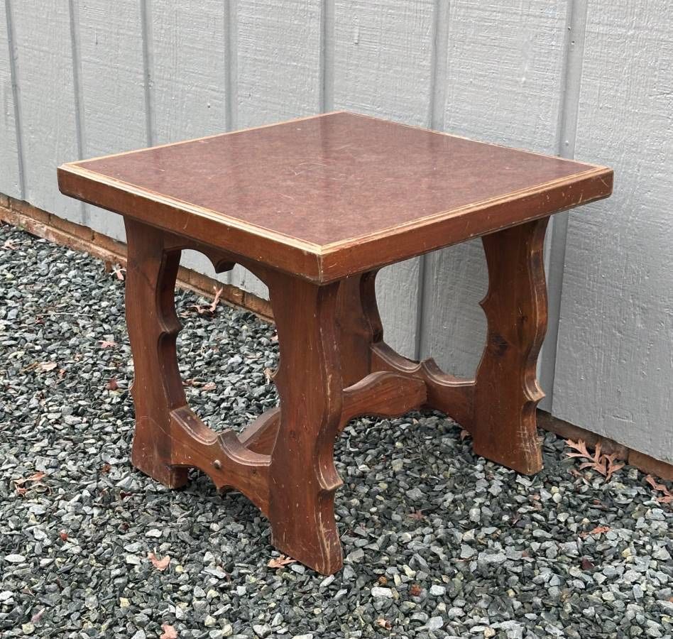 Vintage Wood Trestle Scroll Accent Side Table