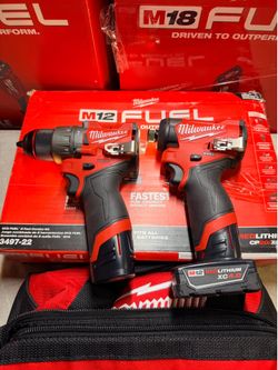 Milwaukee M12 FUEL 12-Volt Lithium- Brushless Cordless Hammer Drill and Impact Driver Combo NEW $200