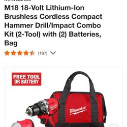 Milwaukee M18-18V Lithium Ion Brushless Cordless Compact Hammer/Impact Drill Combo Kit 