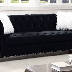 Black Velvet Sofa W/ Nailhead Trim Brand New In Box 