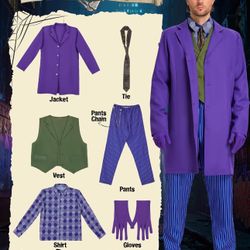 Purple Clown Costume Men Adult 7 PCS Deluxe Villain Cosplay Outfit Mens Plus Size Evil Costumes Suit Halloween Party