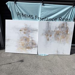 Set of 2 Large Abstract Canvas Wall Art – Neutral & Gold