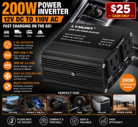 NEW LVYUAN 200W Power Inverter 12V DC to 110V AC – USB-C PD 65W & QC Fast Charging