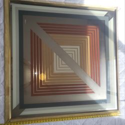 Art Deco Vintage 1970s Greg Copeland Large Brass Geometric Graphic Art Op Mirror