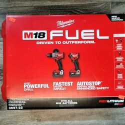 Milwaukee 3697-22 18V Lithium-Ion Brushless Cordless Hammer Drill and Impact Driver Combo Kit (2-Tool) with (2) 5.0Ah Batteries, Charger & Tool Case (