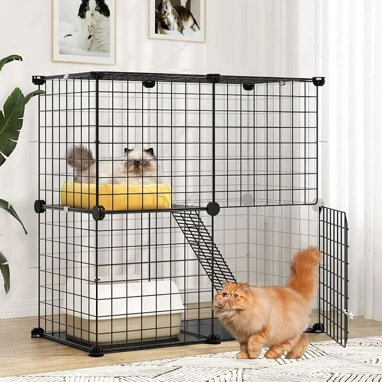 2 Tier Large Indoor Cat Cage Crate, DIY Pet Playpen with Detachable Metal Wire