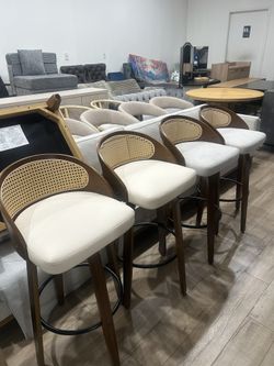Set of 4,30" Swivel Rattan Bar Stools Mid-Century Modern Faux Leather and Beige Linen Fabric Upholstered Bar Height Stools Kitchen Island Barstool wit