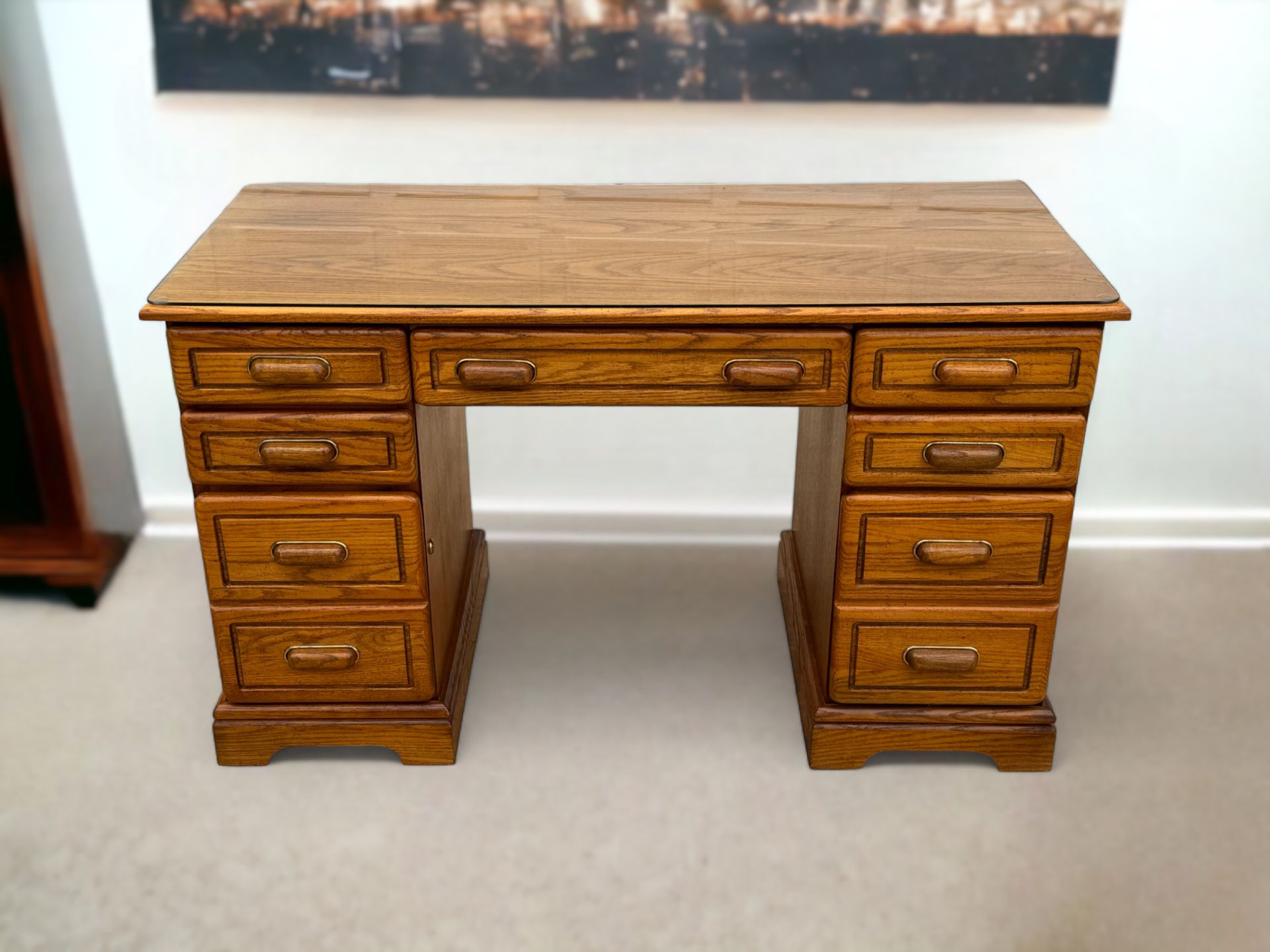 Vintage Brown Oak 7-Drawer Partners Desk w/ Glass Top
