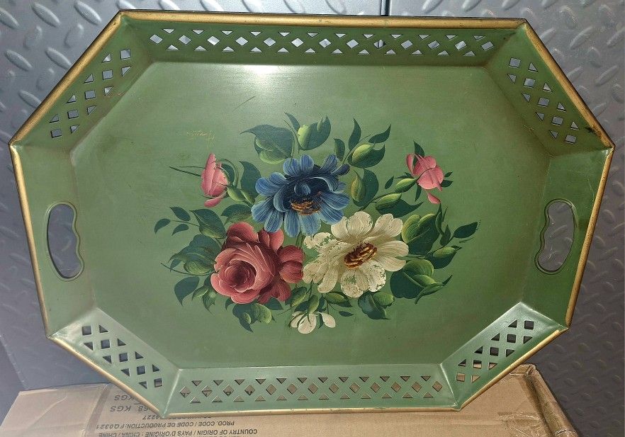 Nice Old Metal Floral Painted Tray With Label 20x15" See Description
