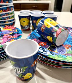 Whimsical tropical ocean fish set of Sakura melamine dishes (30 pieces)