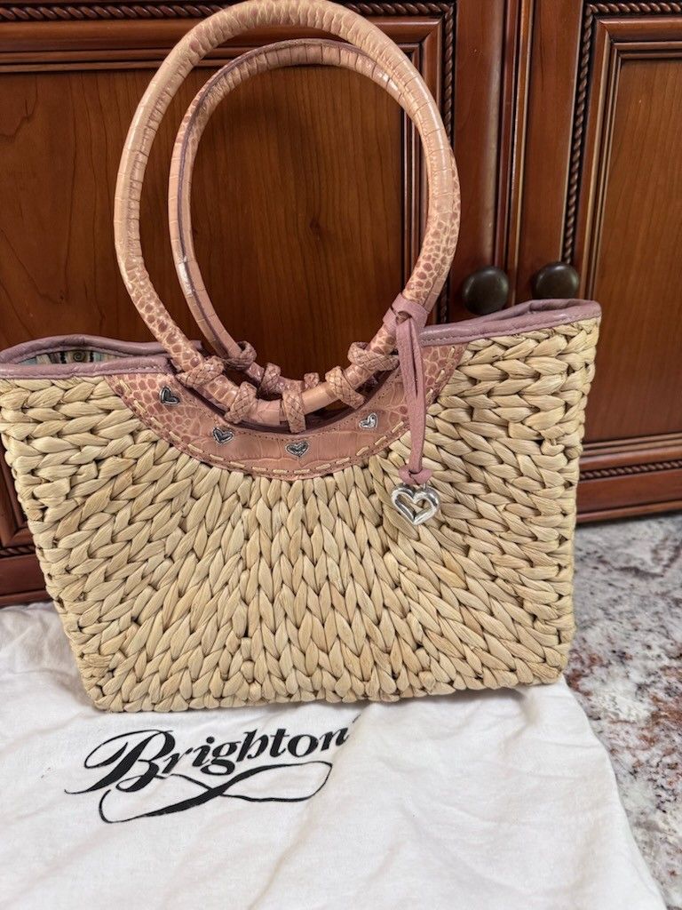 Brighton Pink Crocodile Leather Straw Tote