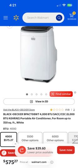 BLACK+DECKER 4,000 BTU SACC/CEC (8,000 BTU ASHRAE) Portable Air Conditioner