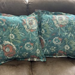 Pair of Teal Floral Throw Garden Pillows .  Read Description