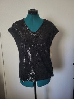 Black Sequined Shirt Blouse Top NWT