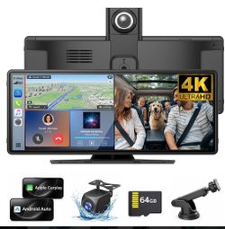 Wireless Carplay Screen for Car, 10.26" Portable Apple Carplay and Android auto?4K Dash Cam with Rotatable Lens, 1080P Backup Camera, GPS Navigation, 