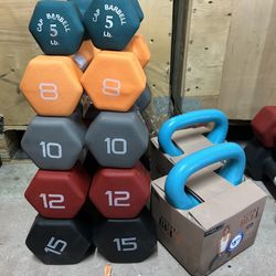 New pair of 5,8,10,12,15lb neoprene dumbbells and pair of  5lb kettlebell