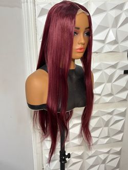 28” Burgundy 99J Straight Blend Wig T-Lace Closure Glueless Heat Safe
