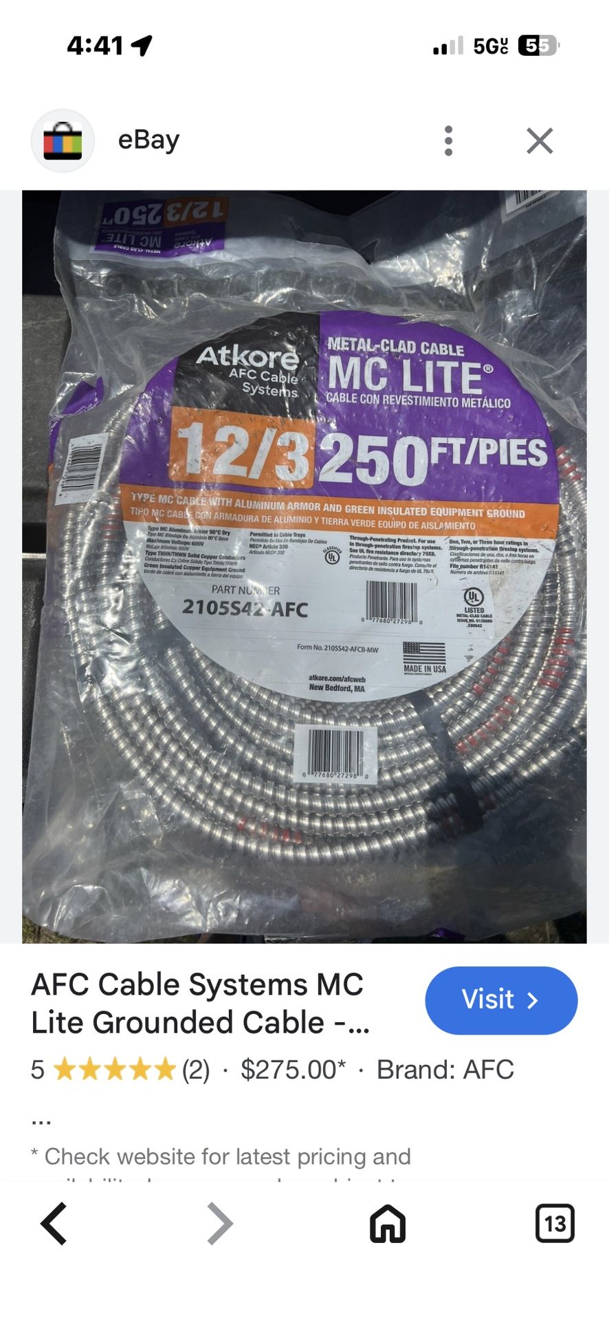 12/3 Copper Wire 250 Feet 