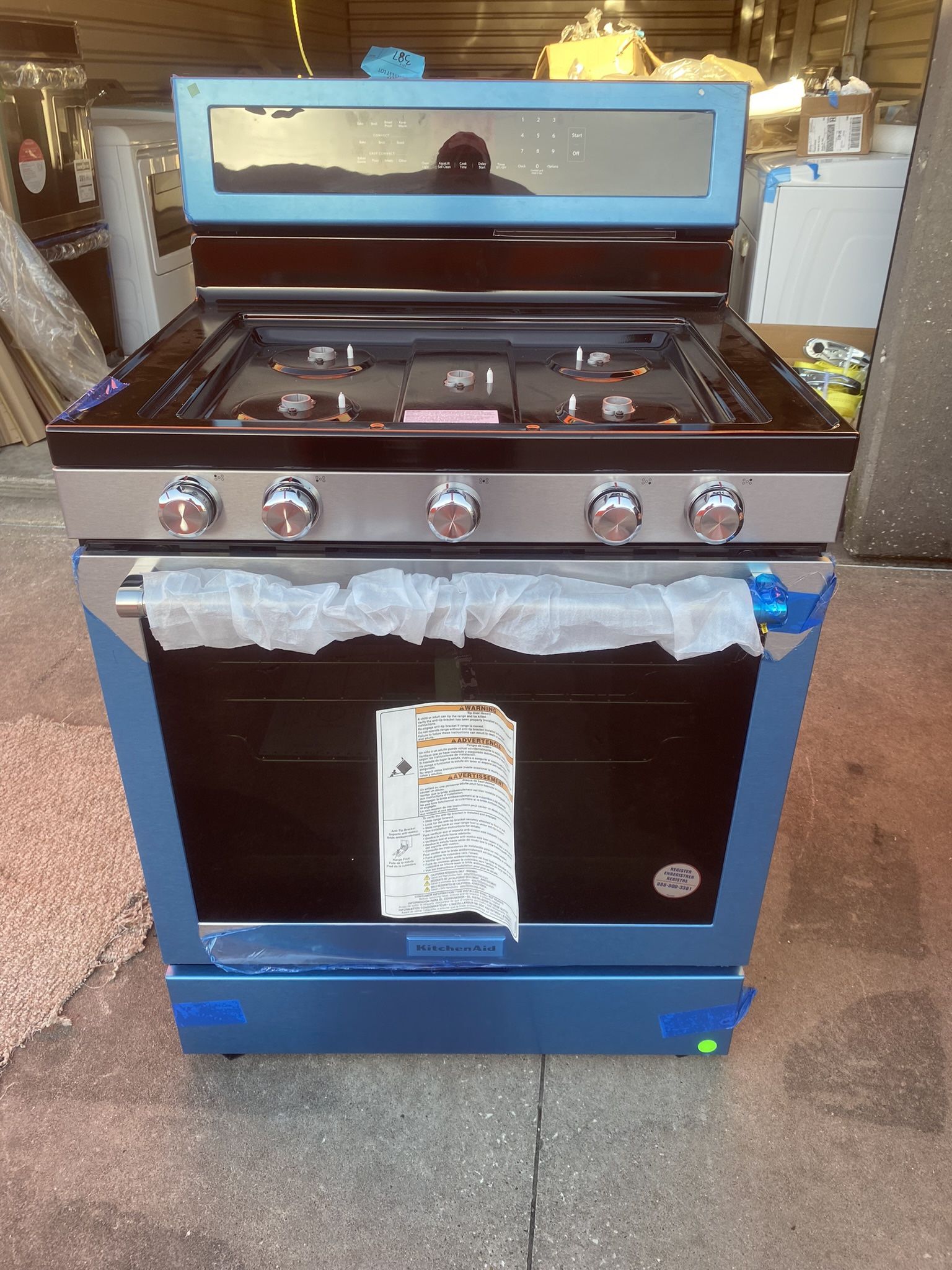 New.,has small Dent Bottom Right.. KitchenAid 5.8 cu. ft. Gas Range with Self-Cleaning Oven in Stainless Steel  $695.00     O’B’O’