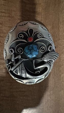 Vintage Southwest Style Belt Buckle w/ Turquoise, Coral & Buffalo Nickels