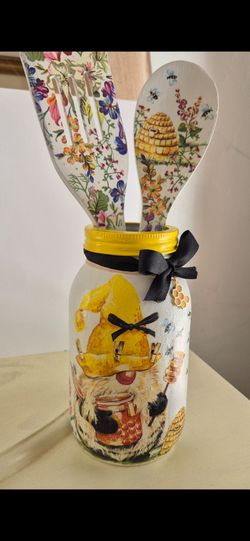 Handmade Bee Gnome Mason Jar Utensil Holder Set