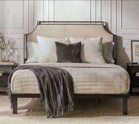 Beige Metal Frame Queen Platform Bed with Upholstered Headboard(NEW In A Box)(No Mattress included)