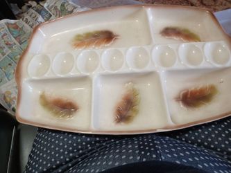 Vtg. 1959 California pottery S216 Sunkist Relish and Egg Serving platter with Leaf Motif.