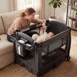 3-in-1 Foldable Baby Playard with Bassinet and Changing Table for Newborn, Dark Grey