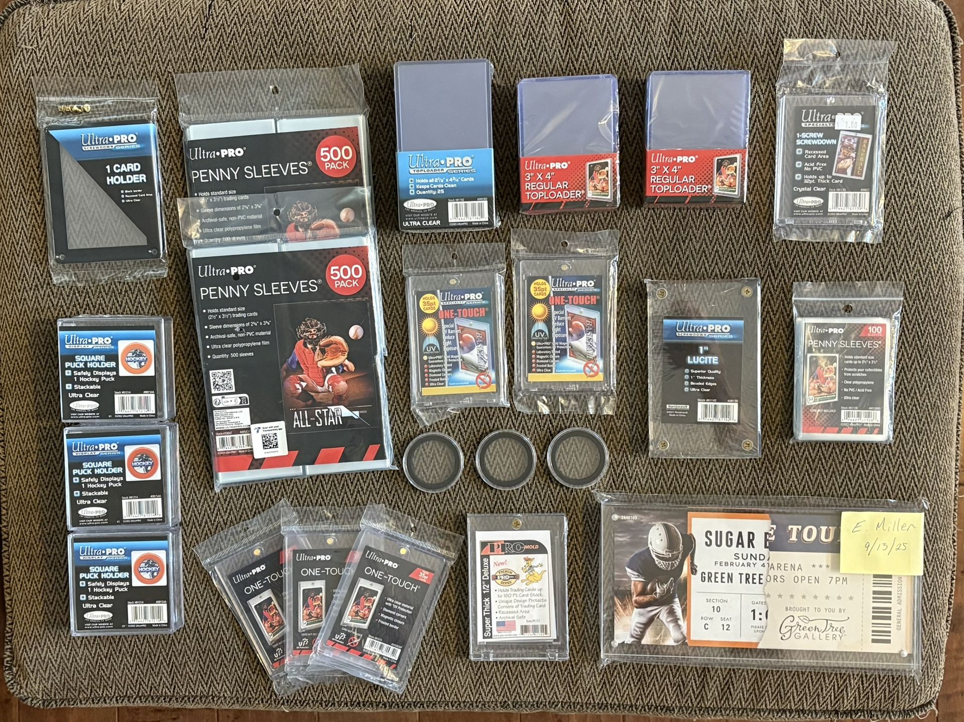 Huge Ultra Pro Display Lot Sports Cards Pucks Coins Penny Sleeves Top Loaders Over $100 Value