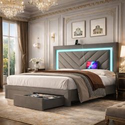 Queen Bed With Two Drawers and Led Light 