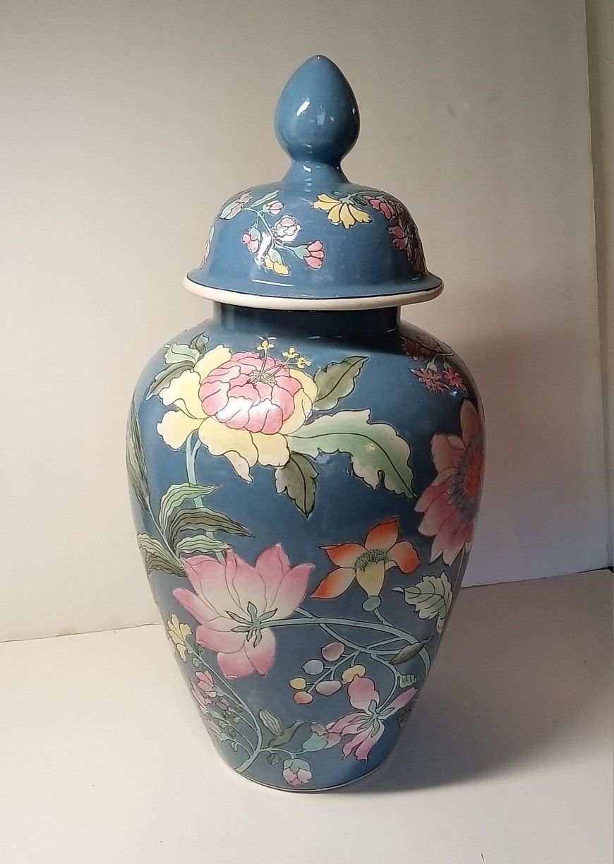 Vintage HFP Macau Oriental Ginger Jar 14" With Lid French Blue Pink Lotus Decor