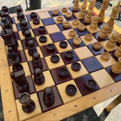 Wooden Chess And Checkers Table