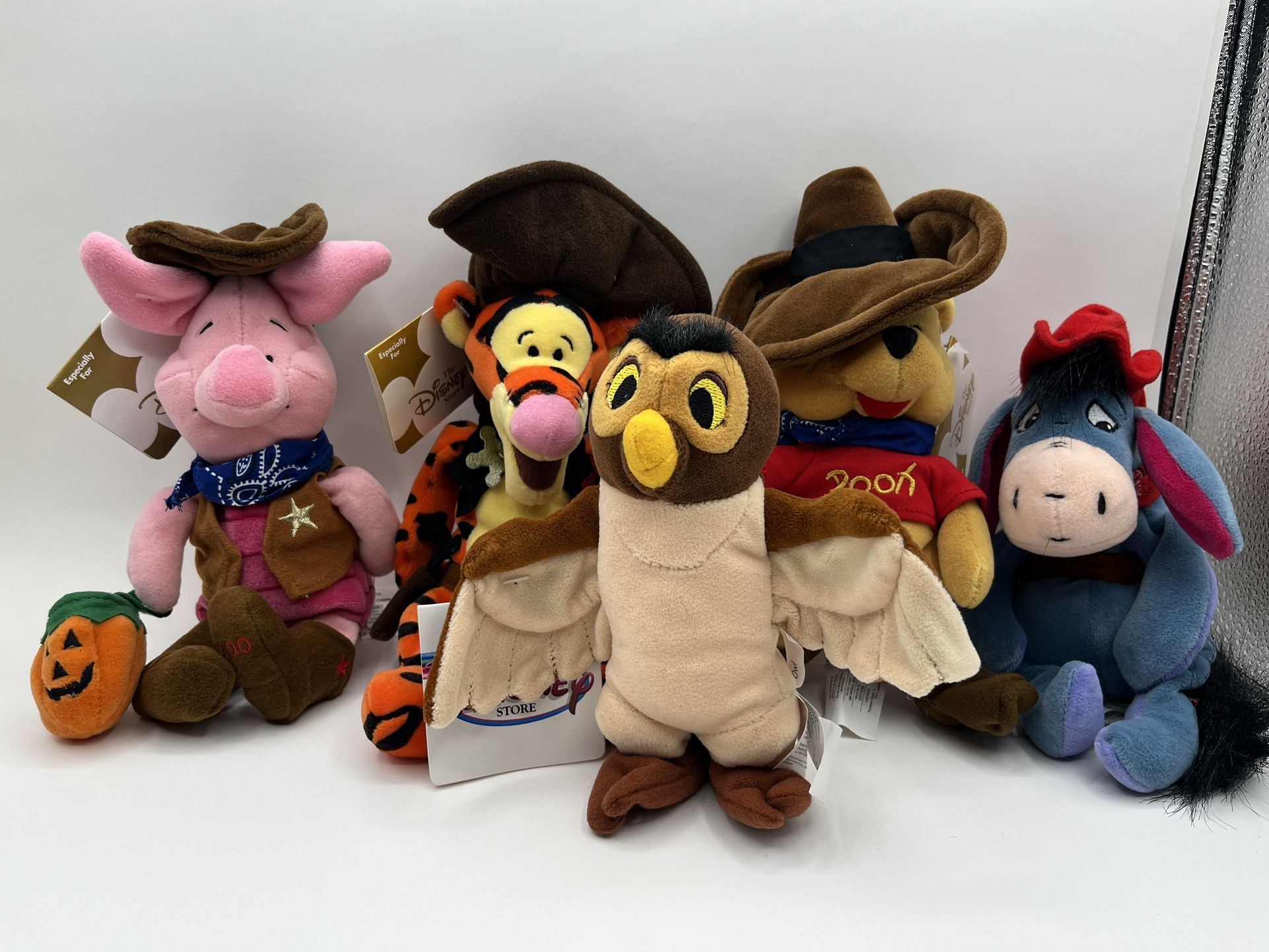 Disney Store Winnie The Pooh & Friends Plush Toys: Tiger 9”, Winnie 8”, Eeyore 9”, Piglet 8” & Owl 7”. Lot Of 5 Pieces