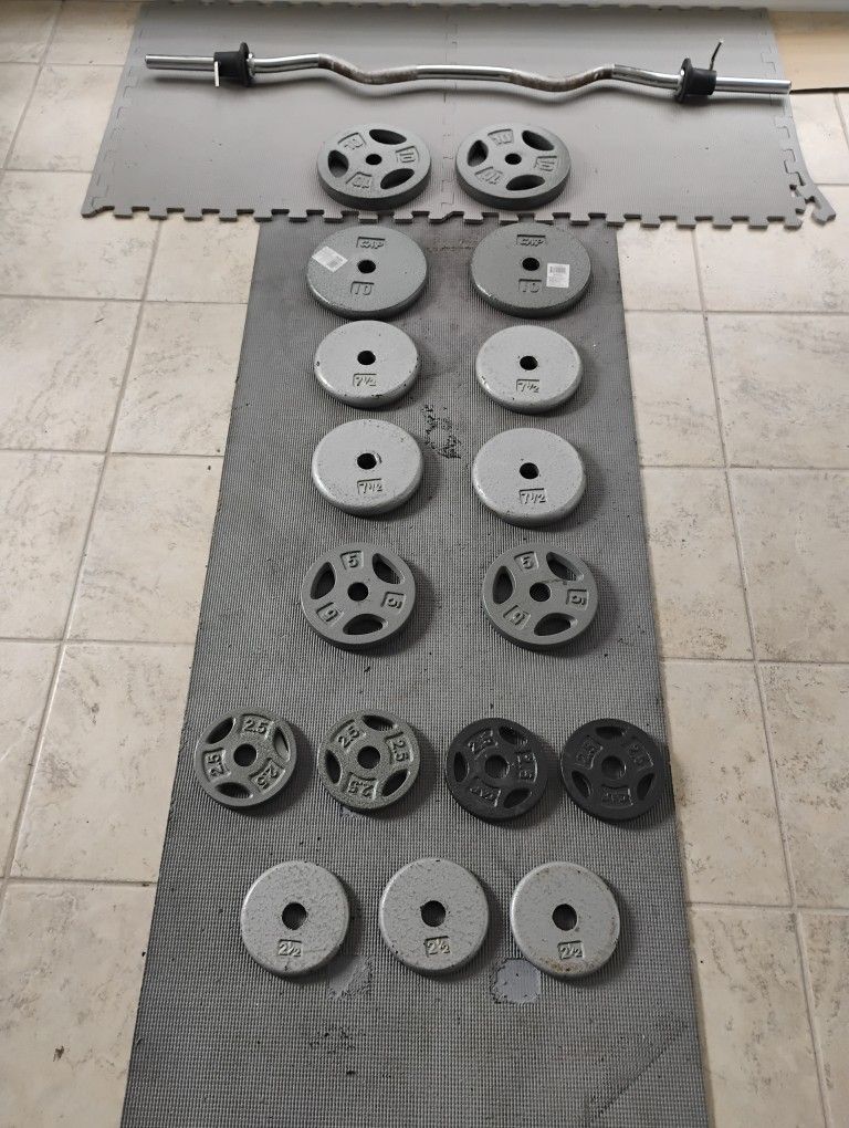 100 Ibs Of Weight Plate With Curl Bar