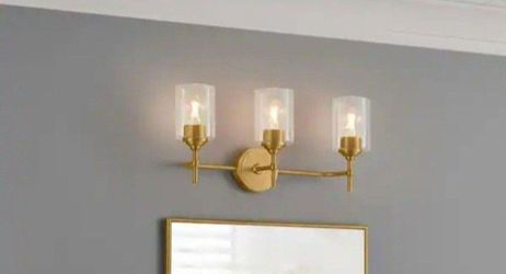 Home Decorators Collection Ayelen 3-Light Matte Brass Modern Bathroom Vanity Light with Clear Glass