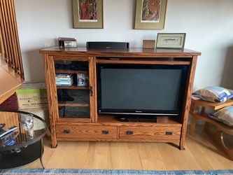Solid oak, hand made, craftsman-style TV entertainment center, locally made.