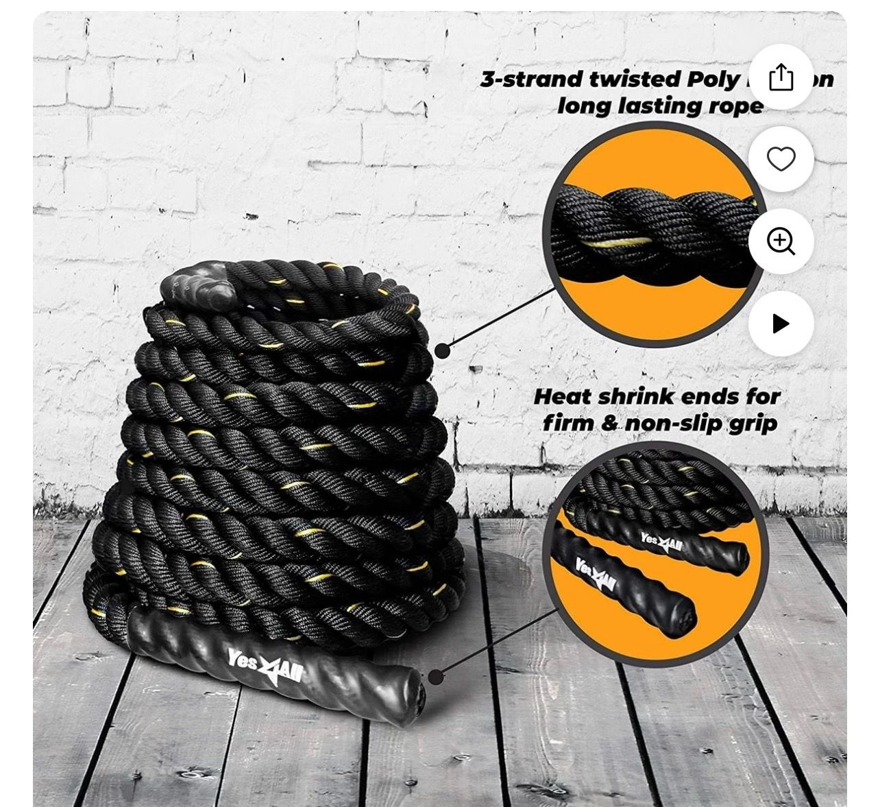 Yes4All 1.5 in Diameter Battle Rope, 50 ft Length Workout Rope, Poly Dacron Material