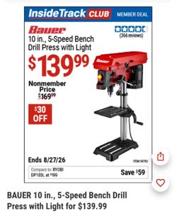 Bauer 10-Inch 5-Speed Bench Drill Press with Light