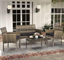 NEW 4-Piece Natural Rattan Patio Conversation Set w/ Cushions