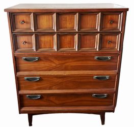 Vintage atomic style midcentury modern walnut dresser chest tallboy