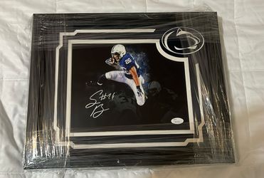 Saquon Barkley Signed Framed 8x10 Photo Hand Cut Logo Suede Matte JSA Cert